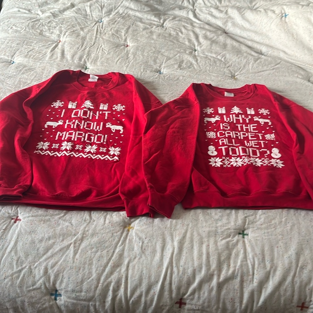 Lightly used couples Christmas sweatshirt Size XL and M